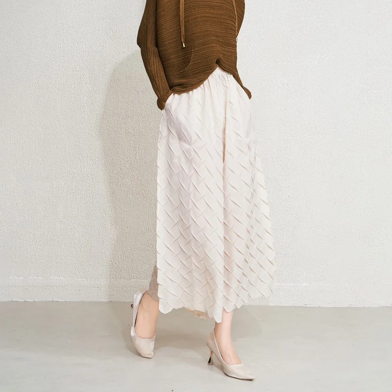 مياكي 2026 ربيع جديد النساء السراويل تنوعا مرونة الخصر مربع مطوي تسع دقائق واسعة الساق السراويل حجم كبير تمتد الملابس