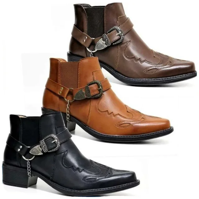 Moda 2025 Męskie kowbojskie buty w stylu vintage Skórzane wysokie buty z łańcuszkiem i klamrą Punk Shoes Pointed Toe Biker Ankle Boots for Men