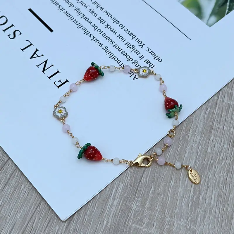 Countryside Style Spring New Arrival Cute Sweet Red Strawberry Charms Girly Style Enamel Flower Bracelet, Necklace for Women