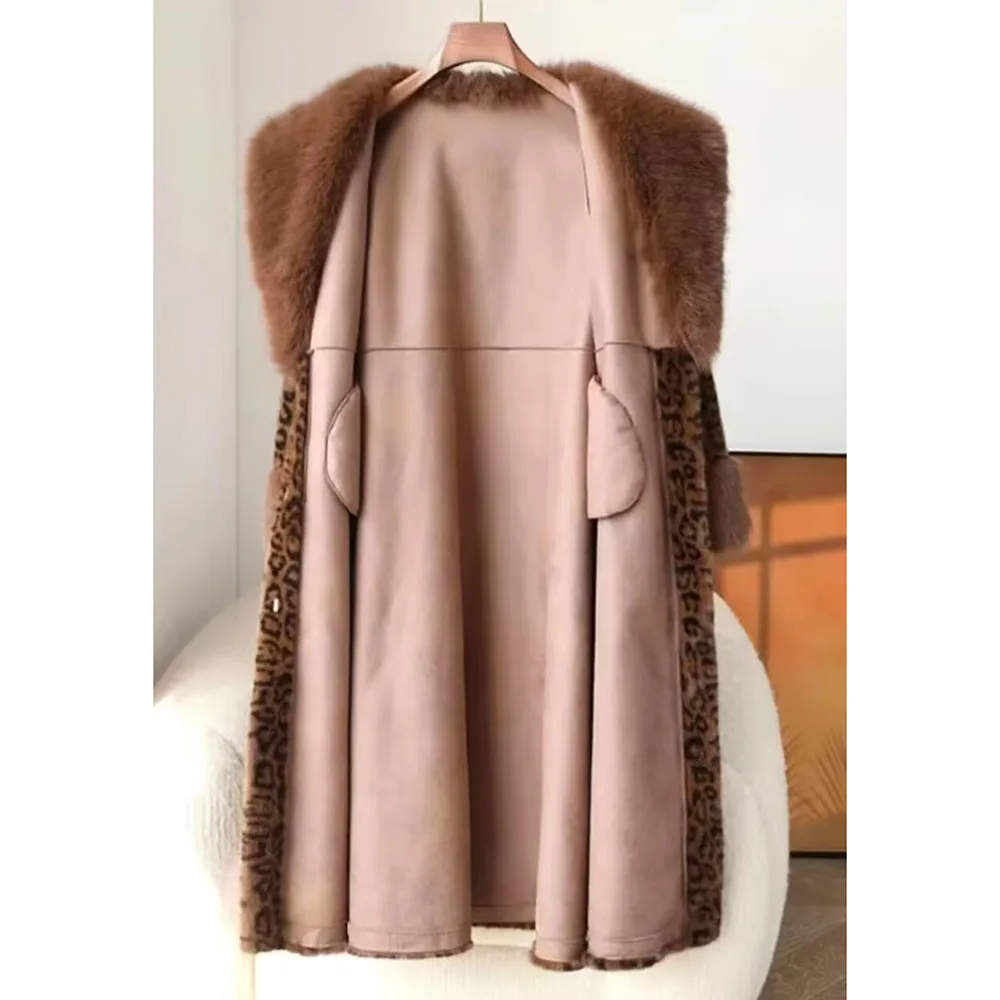 Inverno longo casaco de pele do falso moda feminina luxo leopardo impressão pele outwear temperamento feminino engrossar para cor de pele jaqueta de vison