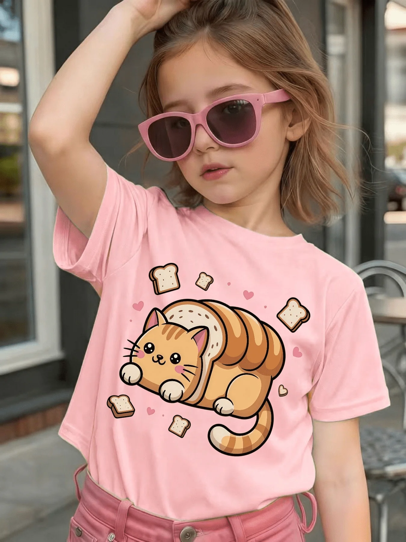 Bread Shaped Cat Toast Heart Print Kids T Shirt Cotton Short Sleeve Boys Girls Parent Child Lovely Summer Daily Casual Tees