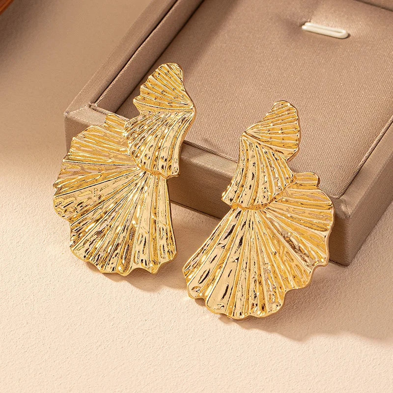 Vintage Metal Double Fan-shaped Drop Earrings for Women Punk Gold Color Ginkgo Leaf Earrings Minimalist Fashion Jewelry