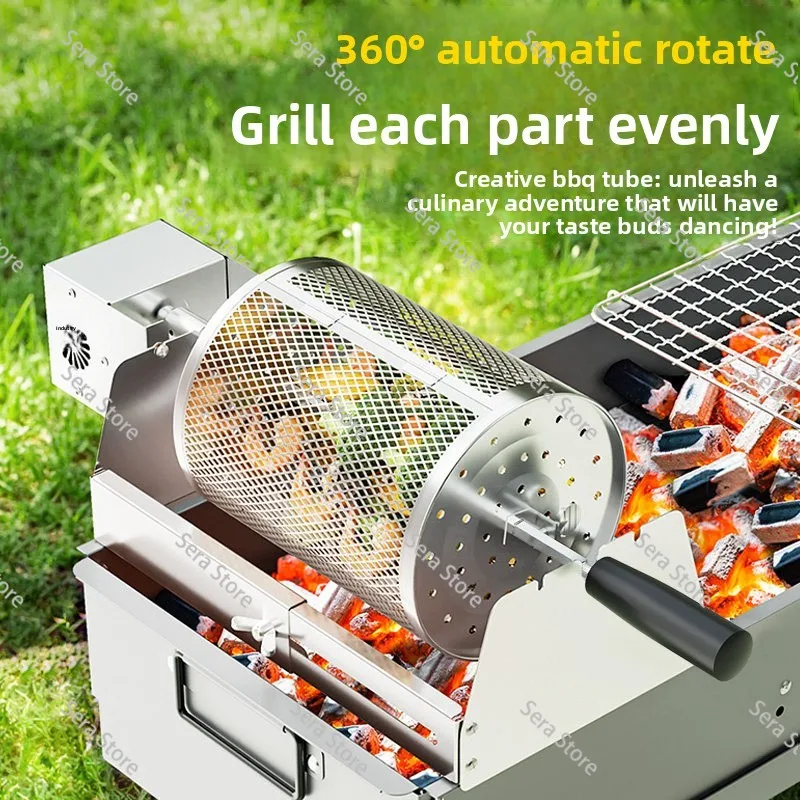 Camping BBQ Rolling Grill Cylinder Automatic Rotating Grill Net Barbecue Round Grill Basket