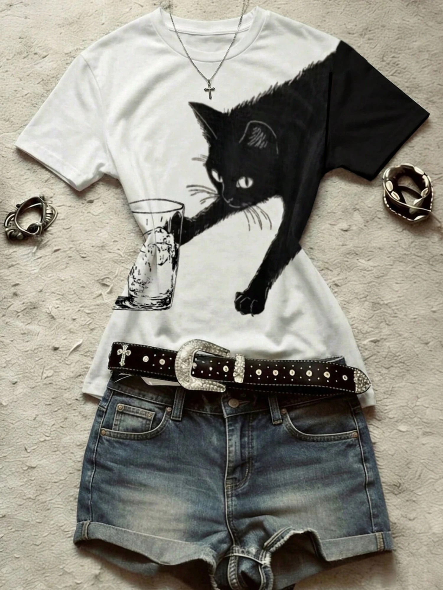 Damen-T-Shirt mit Rundhalsausschnitt und Katzen-Print, lässig, vielseitig, für den täglichen Gebrauch, kurzärmelig, Sommer, Y2K, Vintage, Street, süß, lustig, modisch. – Detail 5