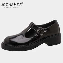 JOZHAMTA Size 33-40 Women Pumps Thick Sole Genuine Leather Chunky Heels Shoes For Women 2023 New T-Strap Goth Platform Shoes