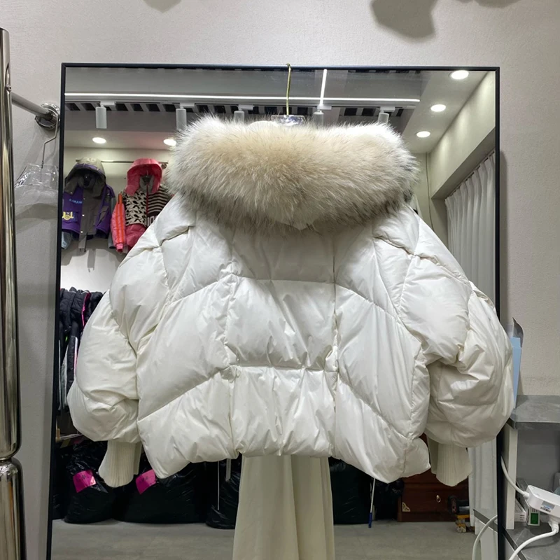 Winter High End Natural Large Fur Collar Down Jacket Female Hooded Warm Thick Parker Jacket Women White Duck Down Loose Outwears