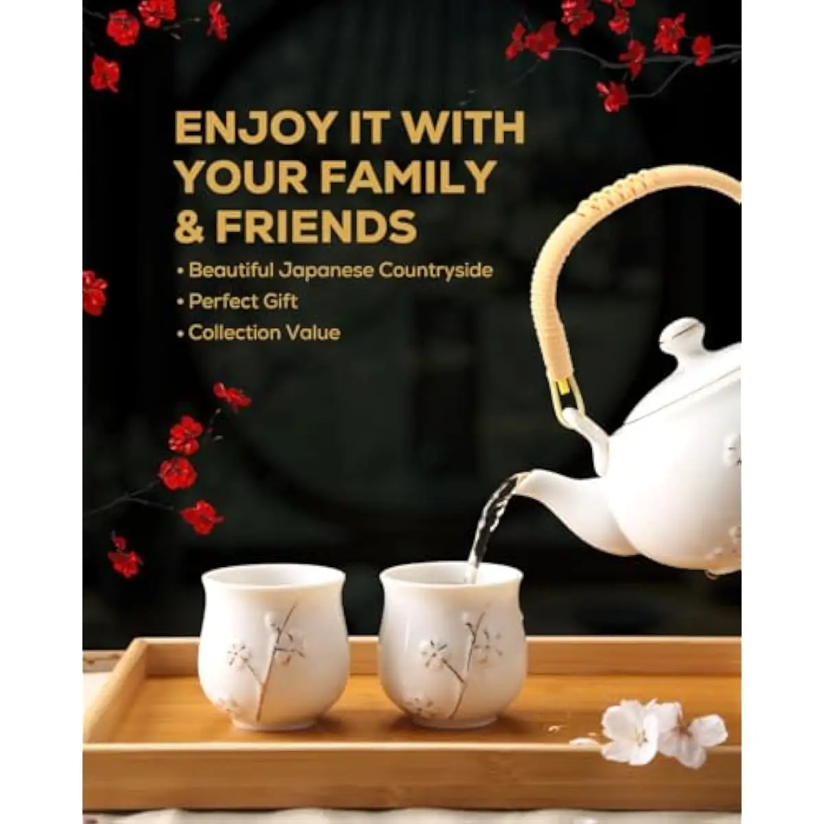 Japanese Plum Gold-Embellished White Porcelain Tea Set with Stainless Steel Infuser • 1 Teapot 560ml • 6 Cups 155ml Each • Woode