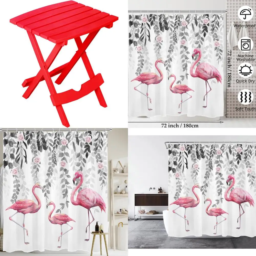 ม่านอาบน้ำฟลามิงโกสีชมพู ใบไม้สีเทา กุหลาบสีชมพู ม่านอาบน้ำลายดอกไม้สำหรับห้องน้ำ ชุดม่านอาบน้ำนกเขตร้อน กันน้ำ