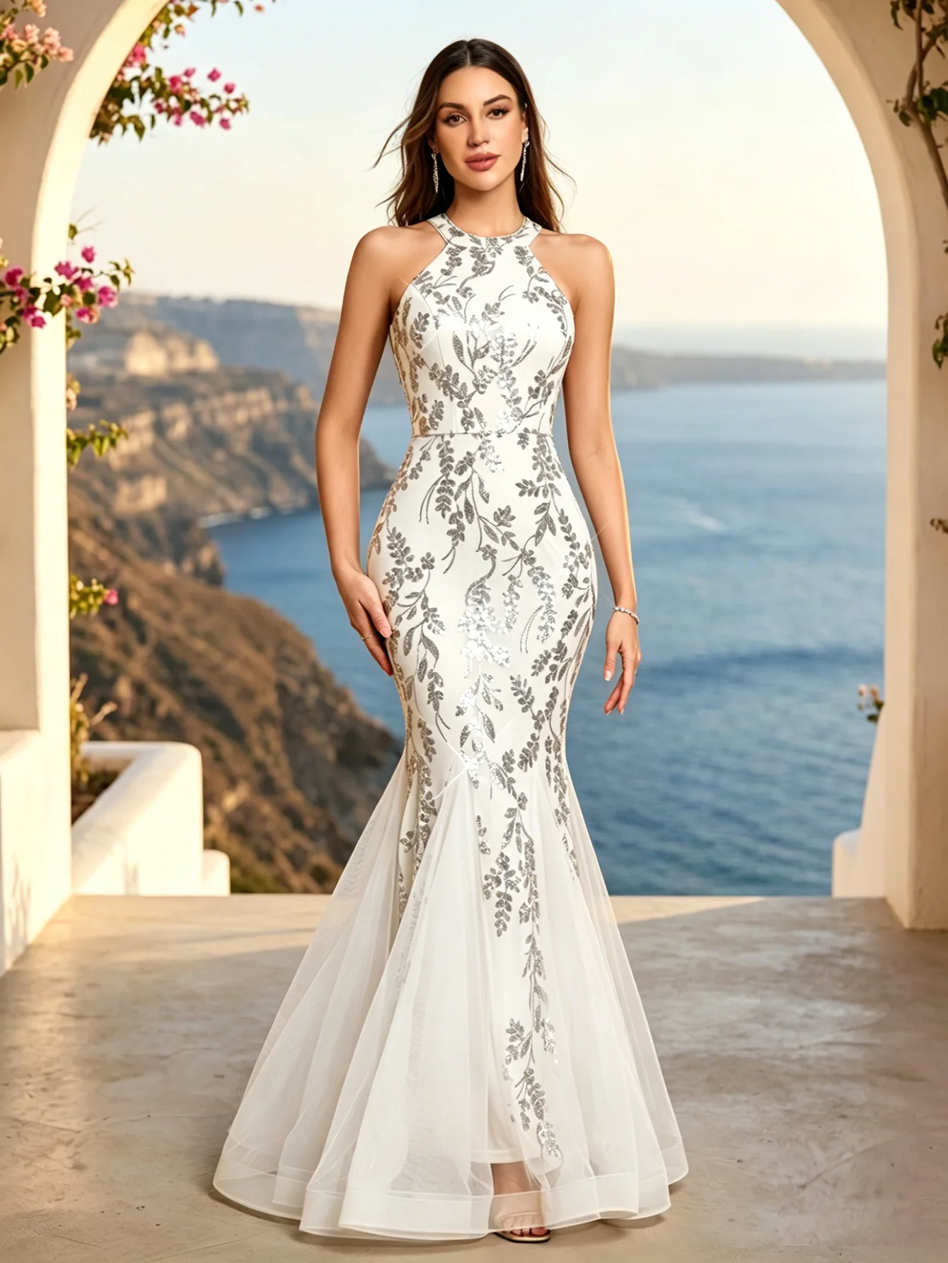 Nouvelle Robe de Soirée Sirène 2026 Dorée Sexy à Épaules Dénudées et Col Halter, Paillettes Brillantes, pour Anniversaire et Fête Noire Femme