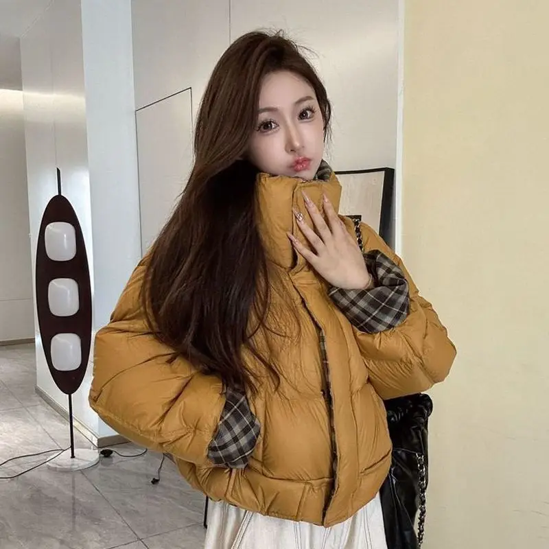الشتاء المحاصيل سترة دافئة المرأة المرقعة سترة منفوخة تصميم معطف طويل الأكمام أعلى متقلب فضفاض سترة Mujer الملابس الشتوية