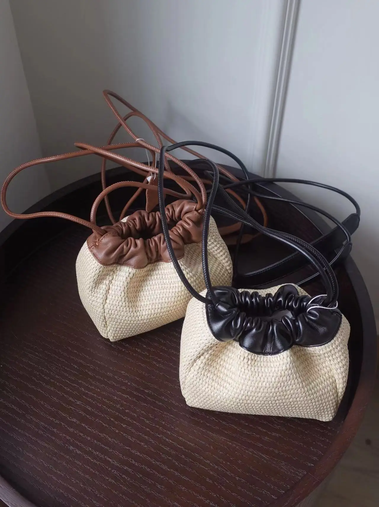 Firmranch Summer Vacation Style Straw Woven Bag Lafite Grass Splicing Cowhide Drawstring Mini Diagonal Purse For Women Fashion