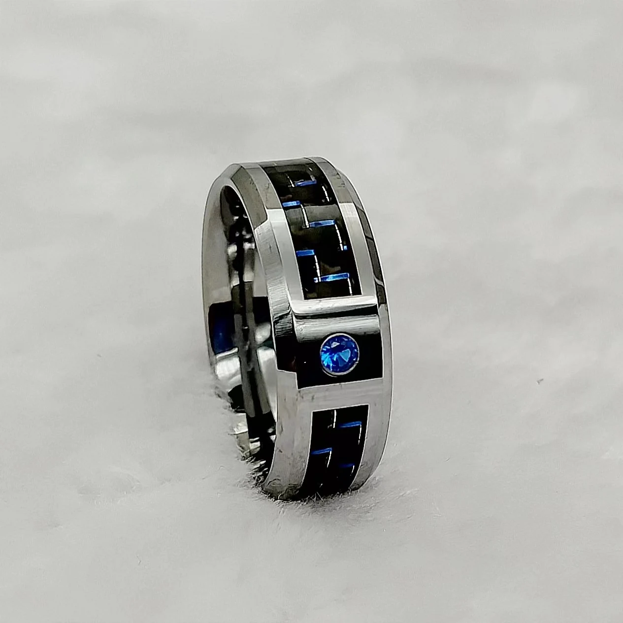 High Quality Blue cz Stone Diamond Carbon Fiber Tungsten Carbide Ring For Men Male Boys Waterproof Tarnish Free Fashion Jewelry