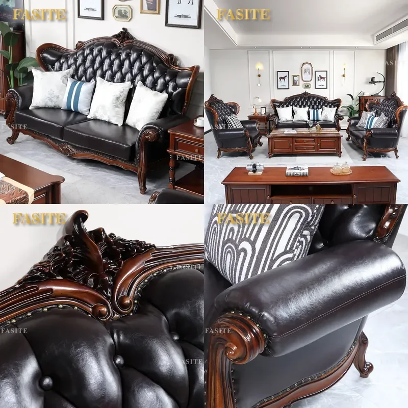 For American Country Style Living Room Furniture Top Layer Cowhide Solid Wood Leather Sofa Simple Pastoral 123 Combination
