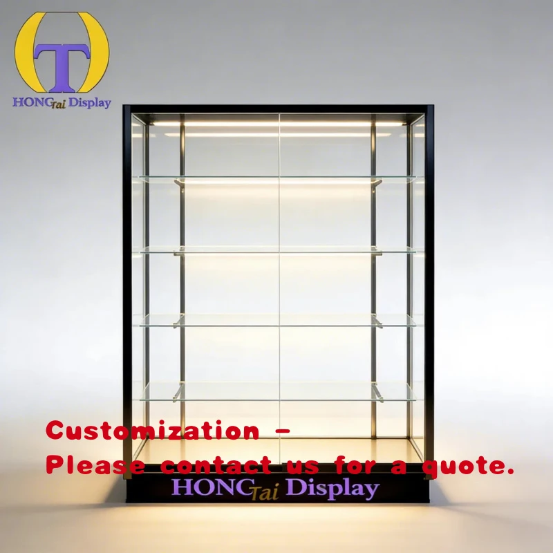 

custom.Custom Modern Luxury Retail Store Showcase Black/Silver Tempered Glass Cabinet Base LED Lighting Heavy Duty