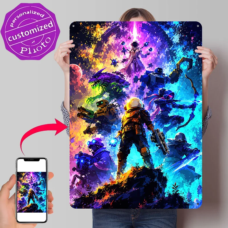 Sci-fi Characters in Vibrant Cosmic Landscape 3D Texture Metal Poster Customized Wall Art Tin Sign Gift for Mancave Office Decor