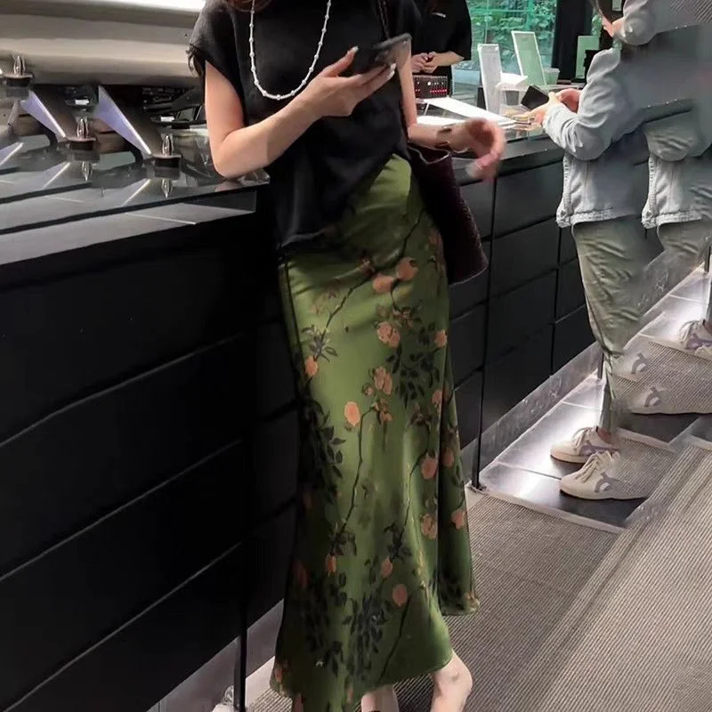National Style Printing Popular Fashion Acetate Satin Age Reduction 2025 Temperament Slim Mid-length Fishtail Skirt