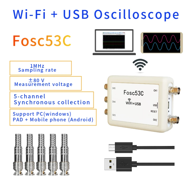 Fosc53C-osciloscopio de mano automotriz, 1M, Wifi, USB, entrada síncrona de 5 CANALES, reparación eléctrica de laboratorio