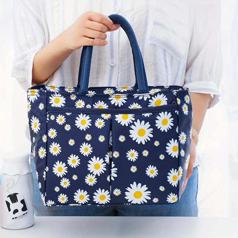 1pc Large Capacity Square Daisy Bento Bag - Reusable, Leakproof, Insulated, Cute Tote Lunch Box for Teenagers and Workers