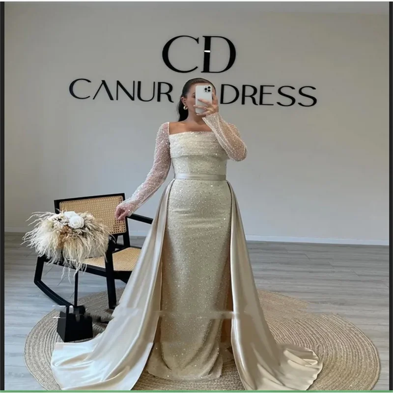 Luxuriöse Abendkleider Robes De Soirée, trägerlos, mit Pailletten, individuell gestaltet, lange Ärmel, lila, elegantes Abendkleid, Hochzeitsfeier