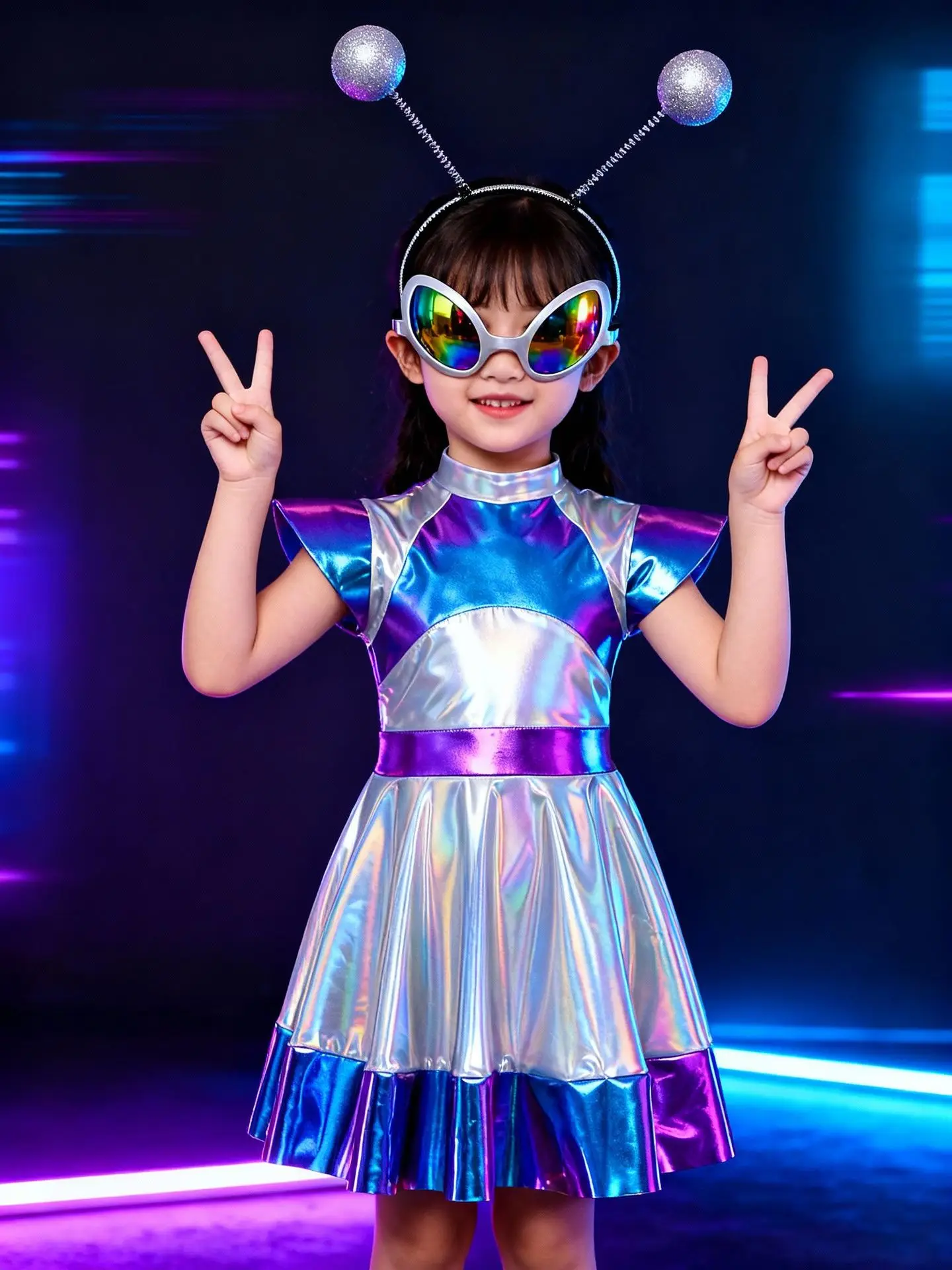 

Новый детский костюм инопланетянки с юбкой и очками, блестящий радужный галактический градиент, костюм на Хэллоуин для детей