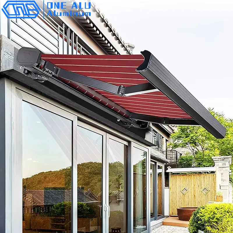 Electric Retractable Awning With LED Lights Wind Sensor Automatic Closing In Strong Wind Outdoor Patio Sunshade Canopy