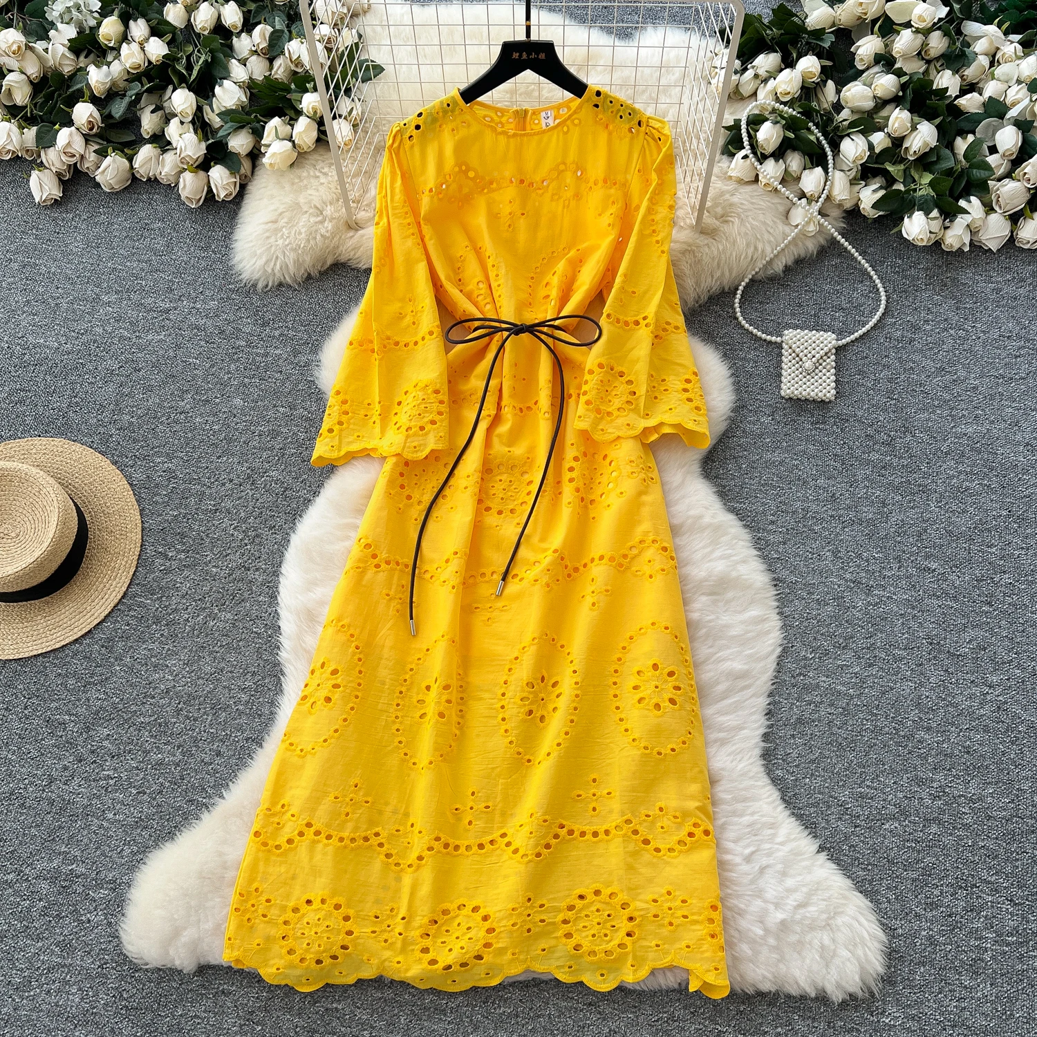 

Шикарные полые тонкие вышитые элегантные корейские модные сказочные сексуальные платья с высокой талией, летние уличные женские каникулы