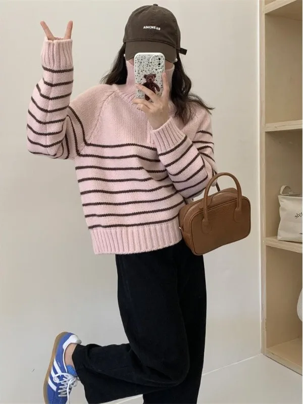 

Chic Autumnal Striped Knit Sweater Women's f Zip Long Sve Soft Cozy Lazy Sle Faionable Casual Loose Fit Knitted Top