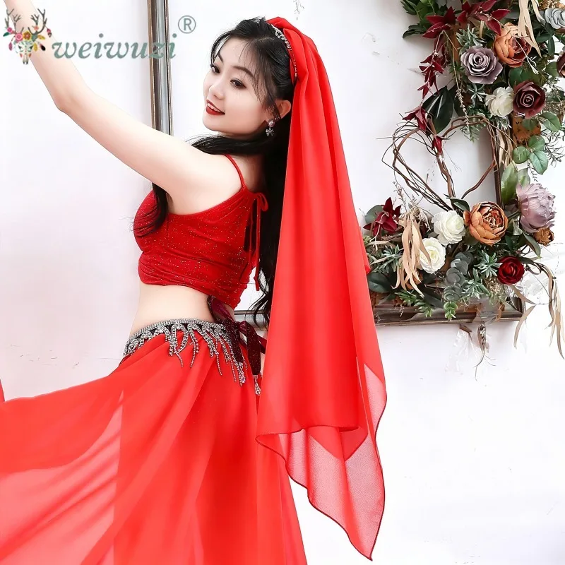Women Belly Dance Veil Head Chain Chiffon Headscarf Flash Diamond Headgear Adults Indian Dance Stage Performance Accessories
