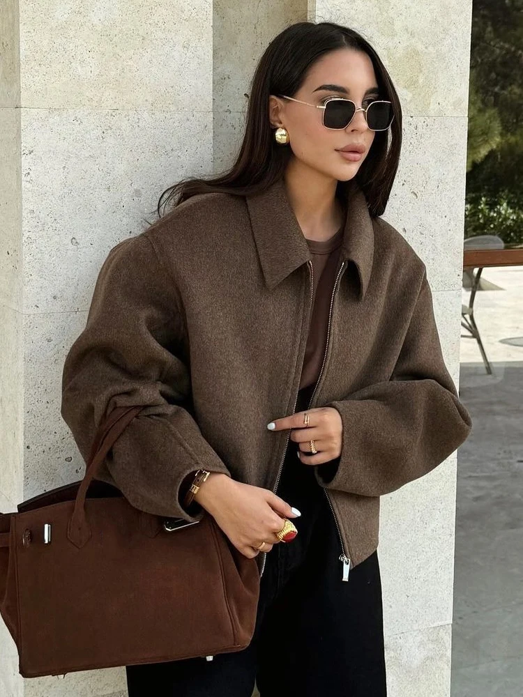 Fashion Brown Zipper Woolen Jacket For Women Elegant Lapel Long Sleeve Short Coats Female Vintage Autumn Lady Street Outerwear