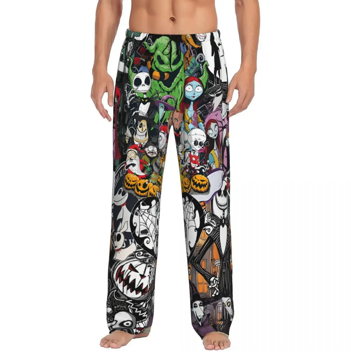 

Пижамные штаны Jack Skellington на заказ, мужская одежда для сна с эластичным поясом, живые штаны со скелетом и карманами