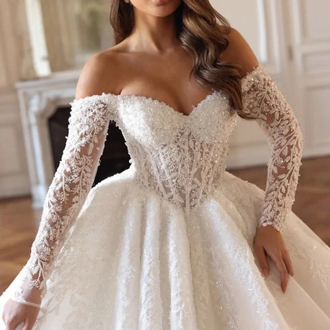 Customized Sweetheart Lace Up Ball Gown Wedding Dress Exquaisite Appliques Long Sleeve Princess Bridal Gown Vestido De Novia
