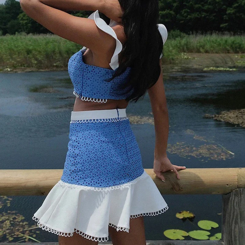 

New Club Party Color Blocking Slim Fit Suit Women Fashion Lace Hollow Ruffle Beach Outfit Sexy Sling Top and Mini Skirt 2pc Set