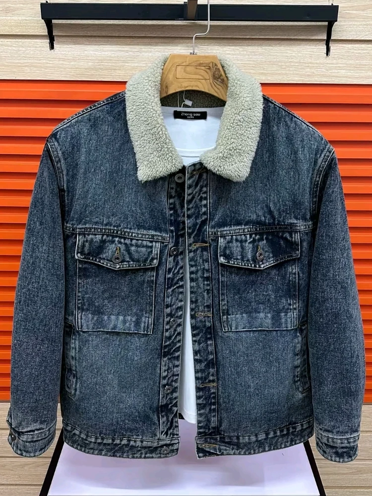 

Men's Fce Lined Denim Jaet Stand Collar Warmth Outerwear Stand Fit Long Sve Winter Coat Quali Cool Youth Faion