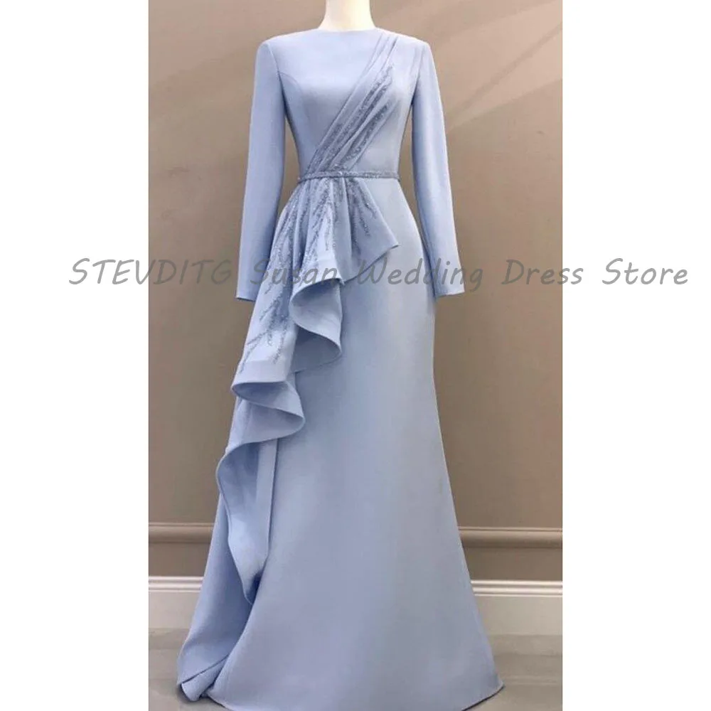 Blue Evening Dresses Women Floor Length Long Sleeves O Neck Alliques Beading A Line Banquet Celebrtiy Prom Party Female Gowns