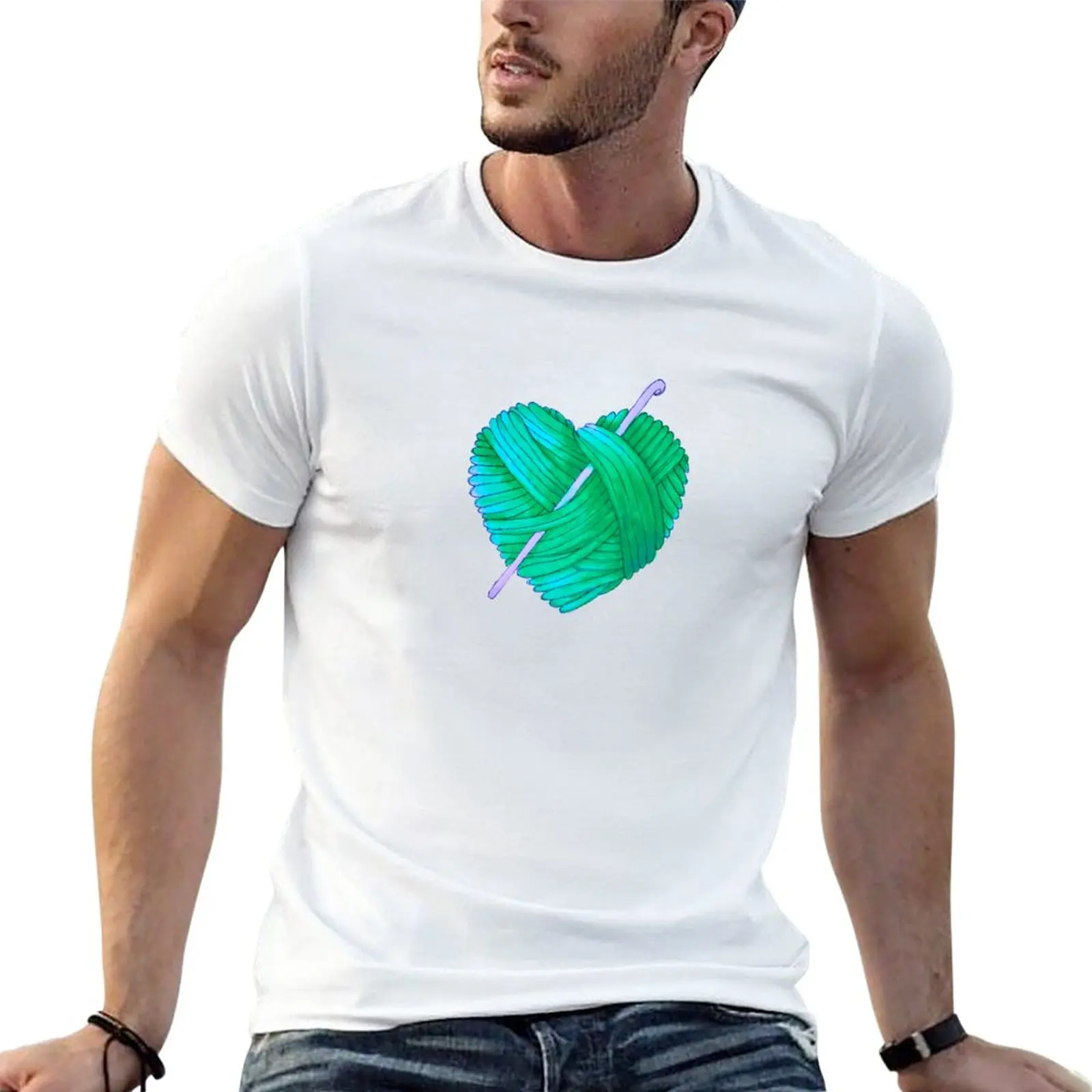 Cute Heart Ball of Yarn and Crochet Hook in Teal Green Blue T-Shirt boys animal print shirt graphics Short sleeve tee men