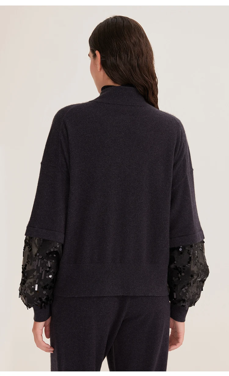BD4521243 Damen-Kaschmir-Cardigan mit Knöpfen, Stehkragen, Langen Ärmeln, Organza-Pailletten-Manschetten, Lockerer Schnitt, Winter-Strickware – Detail 8