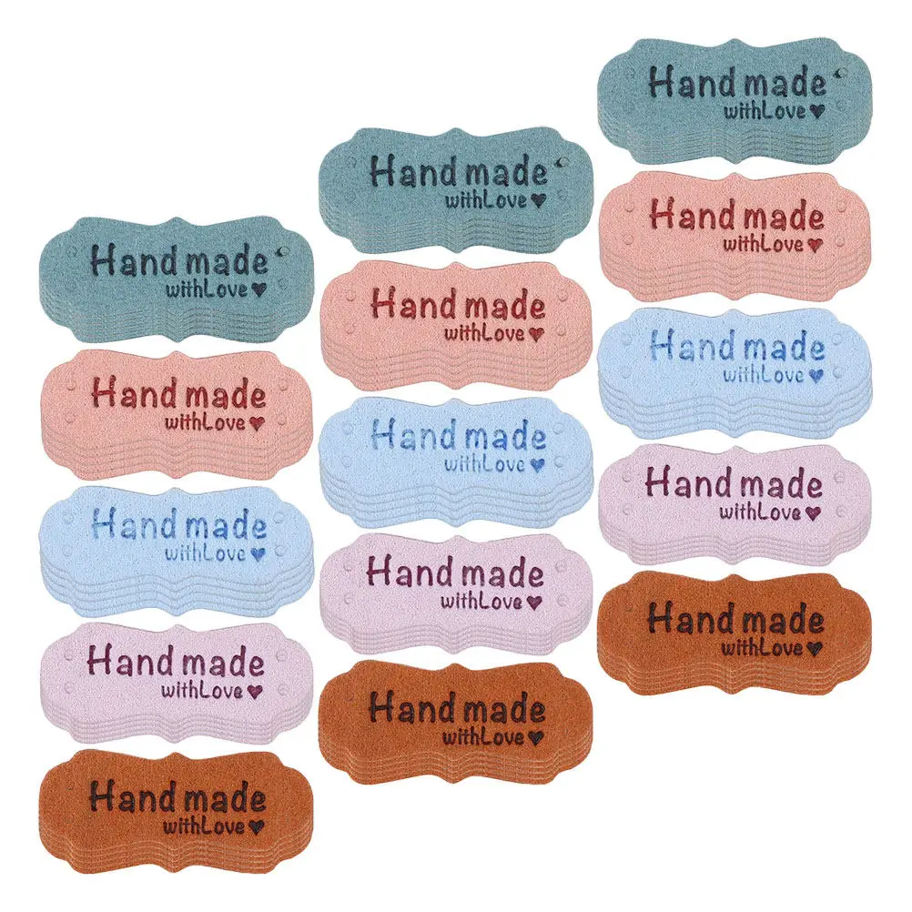100Pcs Handmade Embossed Suede Sewing Tags Two Hole Labels for Clothing Hats DIY Fabric Craft Accessories Handmade Label Tags