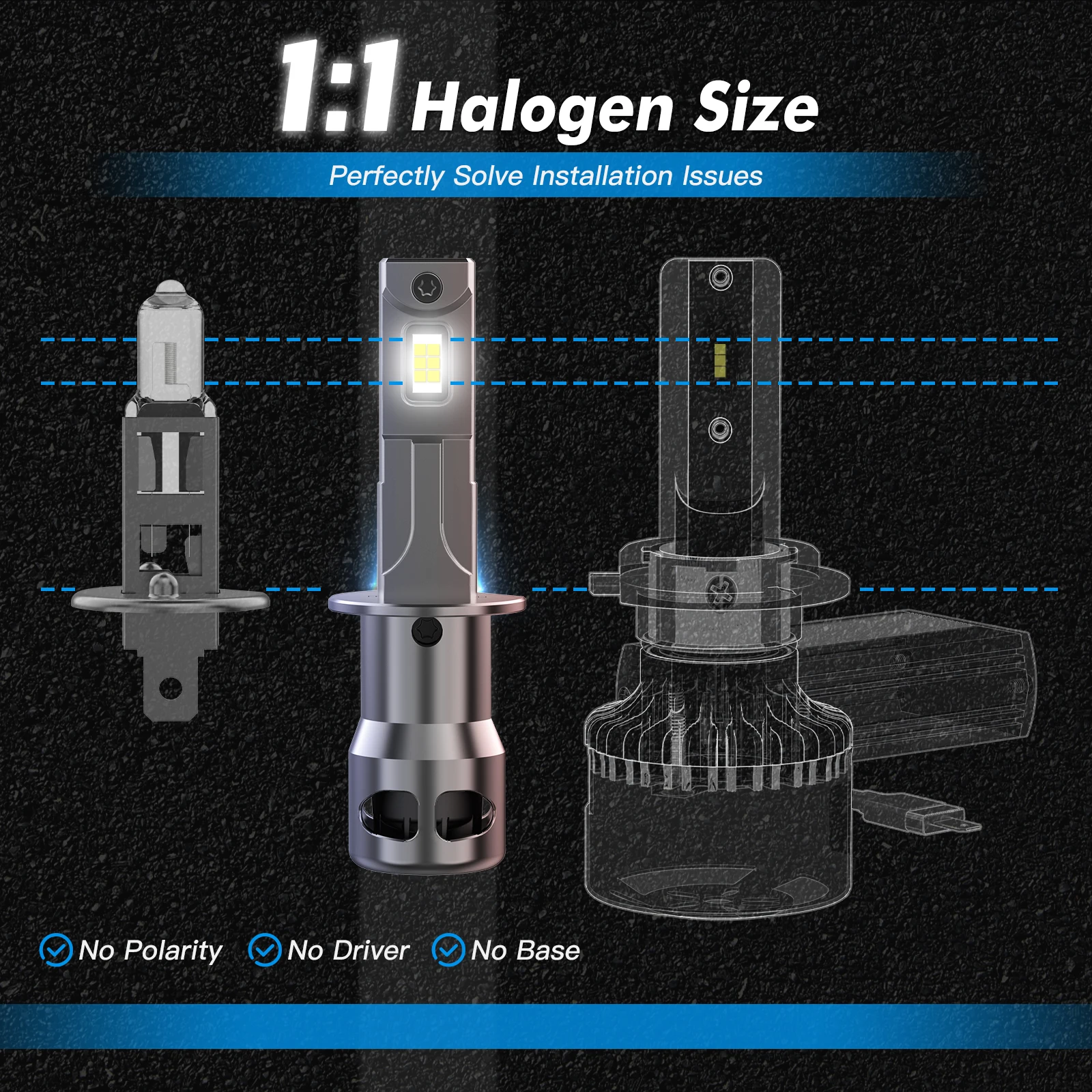 BEVINSEE 70W 12000LM H1 H3 H11 LED-Nebelscheinwerfer CANBUS 9005/HB3 H27 880 881 Halogen-Größe LED-Lampe 6000K Weiß Kabellos 12V – Detail 2