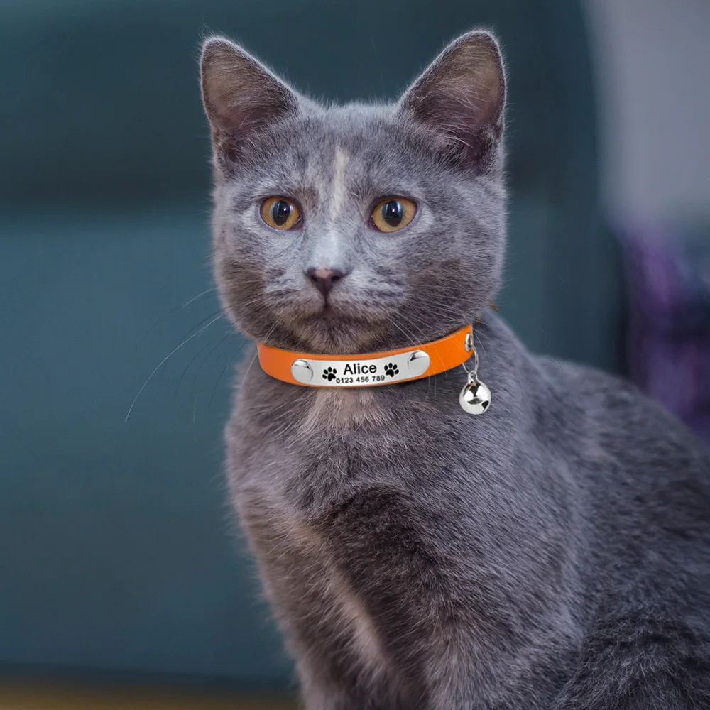 Engraved PU Leather Cat Collar Waterproof Personalized Free Custom Name Adjustable Collars Anti-lost Pu Customized Cat Accessory