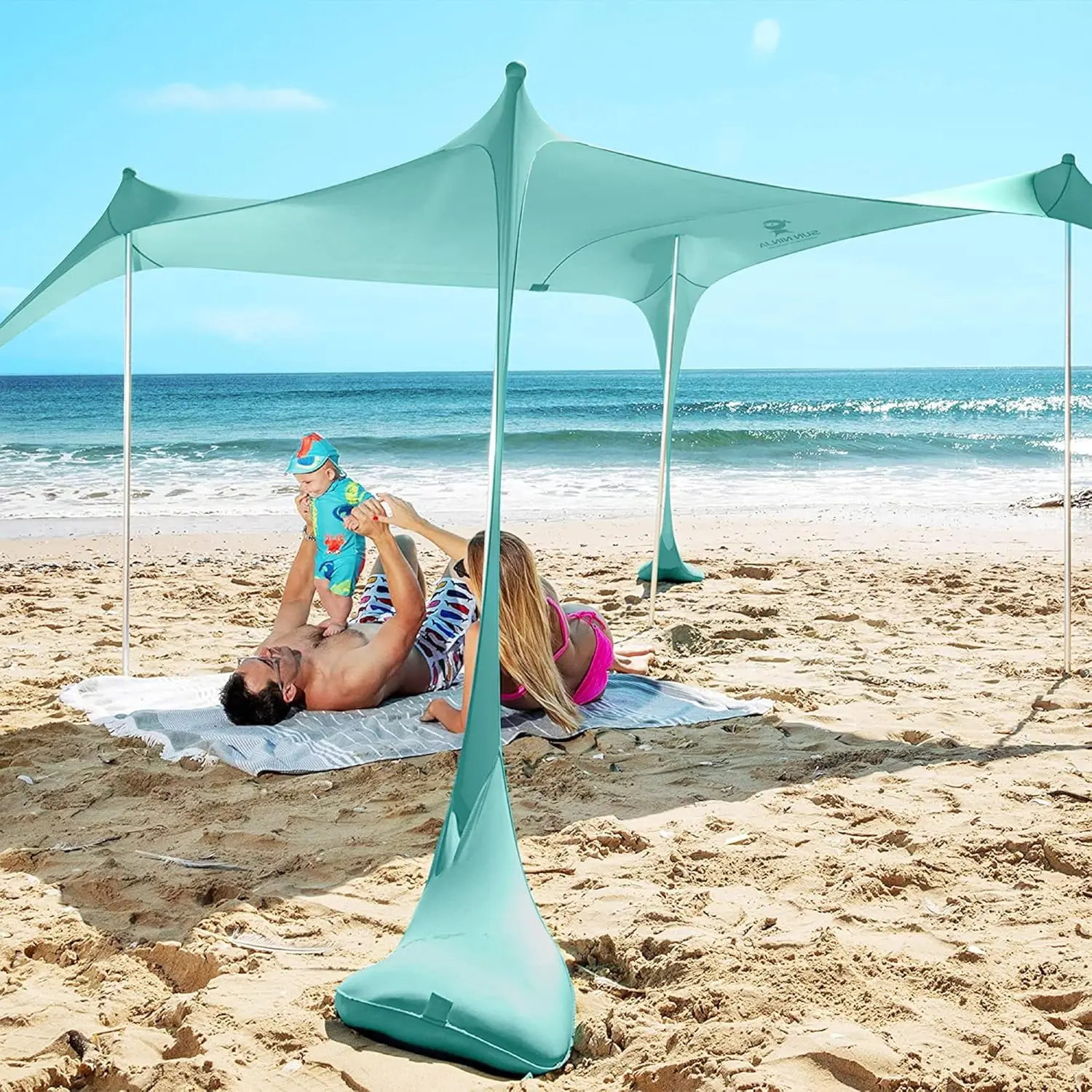 Beach Tent Sun Shelter UPF50+ with Sand Shovel, Ground Pegs and Stability Poles, Outdoor Shade for Camping Trip