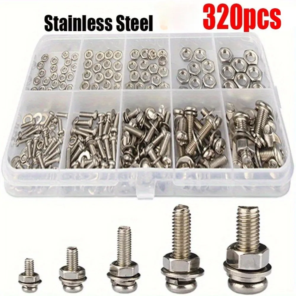 320-Piece Stainless Steel Screw and Nut Set, M2-M5, Multiple Sizes Available - Suitable for DIY, Repair, and Home Applications.