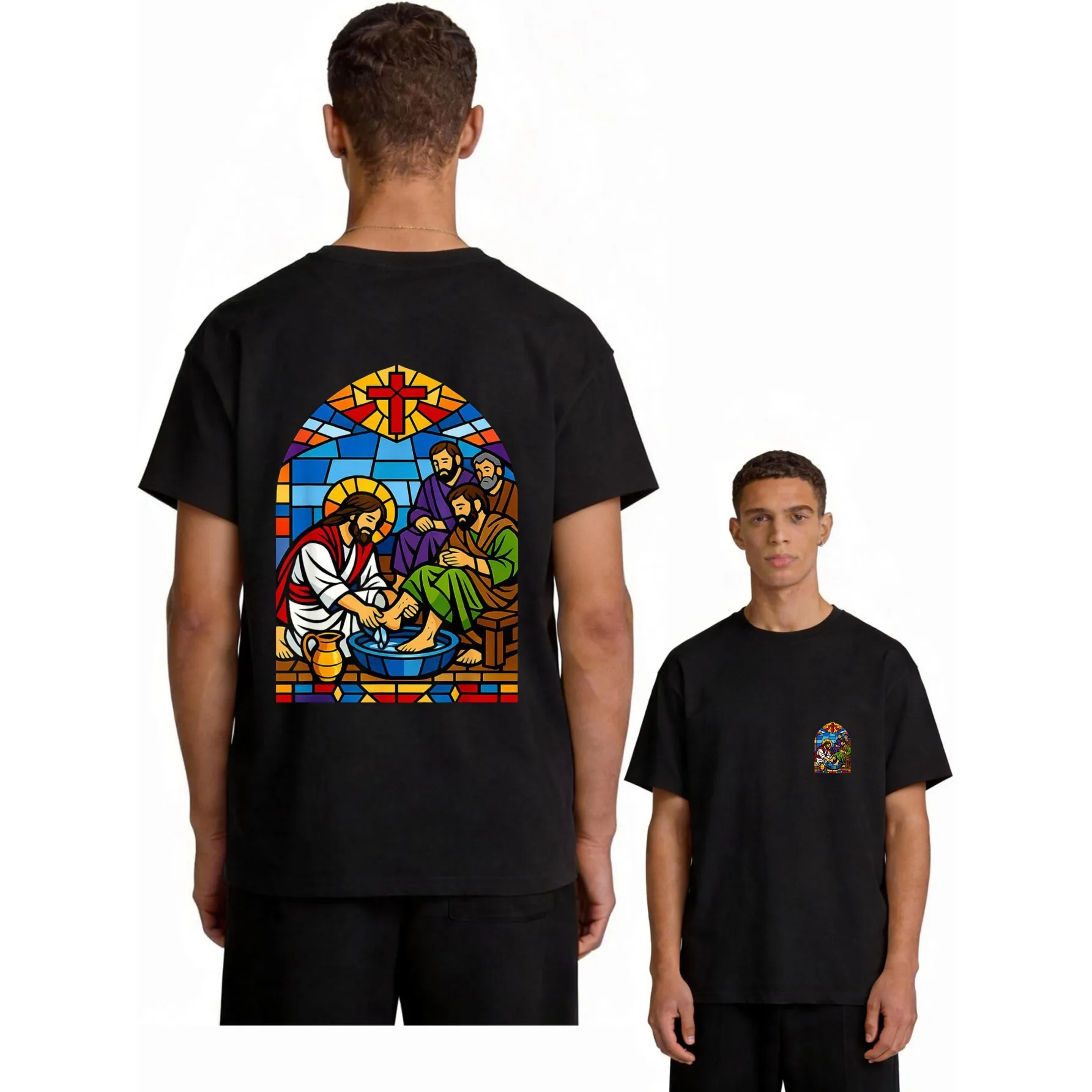 Stained Glass Jesus Washing Feet Graphic T-Shirt Men's Casual Loose Fit Breathable Cotton Tee