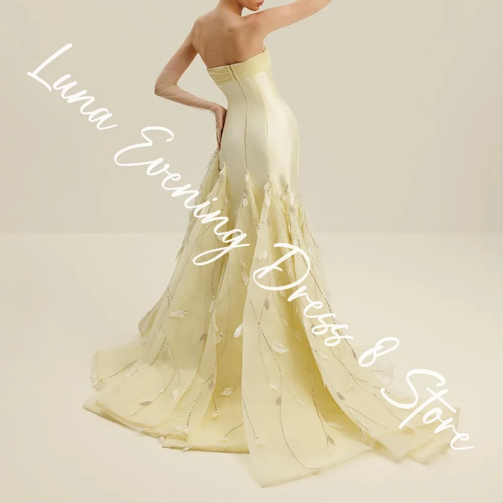 Customized  Exquisite Satin A-Line Appliques and Sequined Evening Dresses Strapless Sleeveless Panel Train Zipper Back