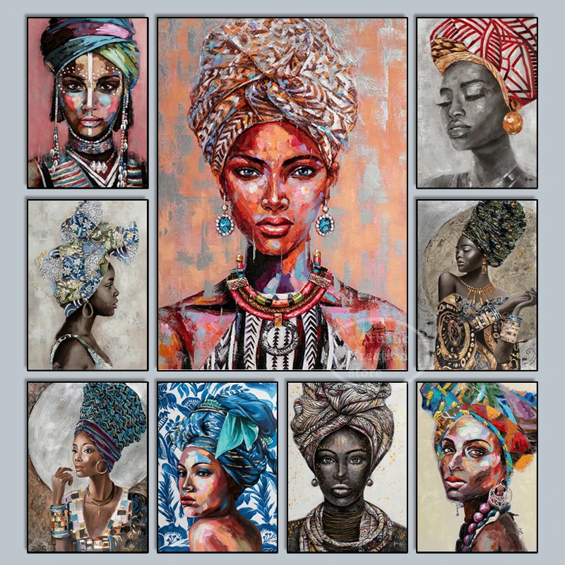 African Tribal Woman Oil Painting Print on Canvas Abstract Turban Woman Decorative Painting Graffiti Art Wall Home Decor Cuadros