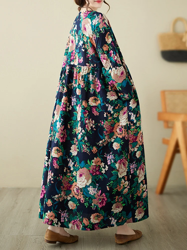Oversize Cotton Long Sleeve Print Vintage Dresses For Women 2026 Spring Autumn Casual Loose Dress Femme Robe Elegant Clothing