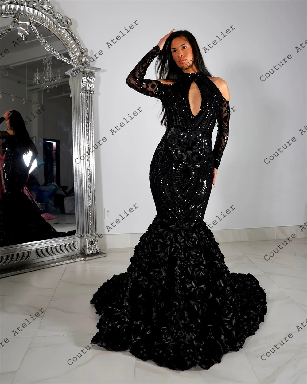 Black Ruched Flowers Train Sequined Lace Prom Dress Evening Elegant Celebrity Sexy Cut Out Formal Occasion Dresses Customized