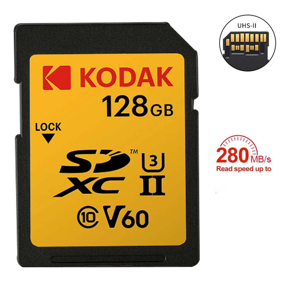 

Карта памяти Kodak Express SD 128 ГБ 256 ГБ для зеркальной камеры с поддержкой Full HD видео 4K 8K 280 Мбит/с U3 V60 SDXC Водонепроницаемый противоударный