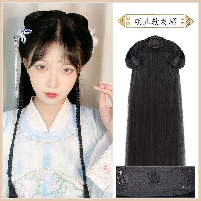 Hanfu تأثيري الباروكات النساء السود أنيمي الصينية القديمة Hanfu الباروكات القبعات اكسسوارات Hanfu طويل مستقيم الباروكات شعر مستعار أسود عقال