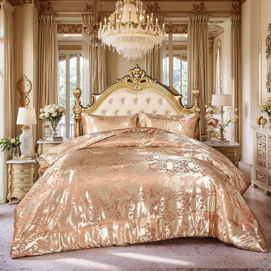 

Gold King Comforter Set Jacquard Bedding Set 3 Pcs Embroidery Neoclassical Floral Bed Home Decor Soft Down Comforter European Lu