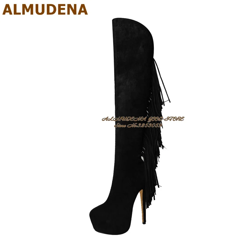 ALMUDENA Black Suede Fringe Over The Knee Boots Stiletto Heels Inside Platform Long Boots Elegant Tassel Zipped Dress Shoes